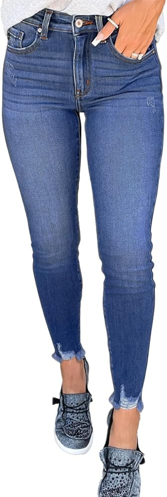 SHEWIN Skinny Raw Hem Jeans for Women High Waisted Stretchy Trendy Slimming Jeggings Ankle Denim ... | Amazon (US)