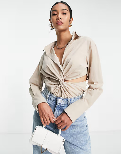 Topshop shirt twist front bodysuit in stone | ASOS (Global)