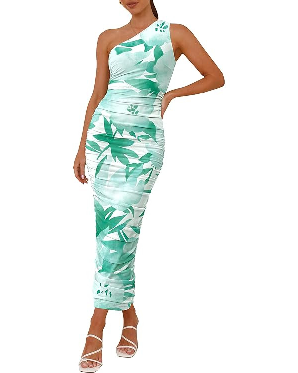 PRETTYGARDEN Women's One Shoulder Bodycon Dress Summer 2025 Ruched Mesh Party Cocktail Fitted Lon... | Amazon (US)
