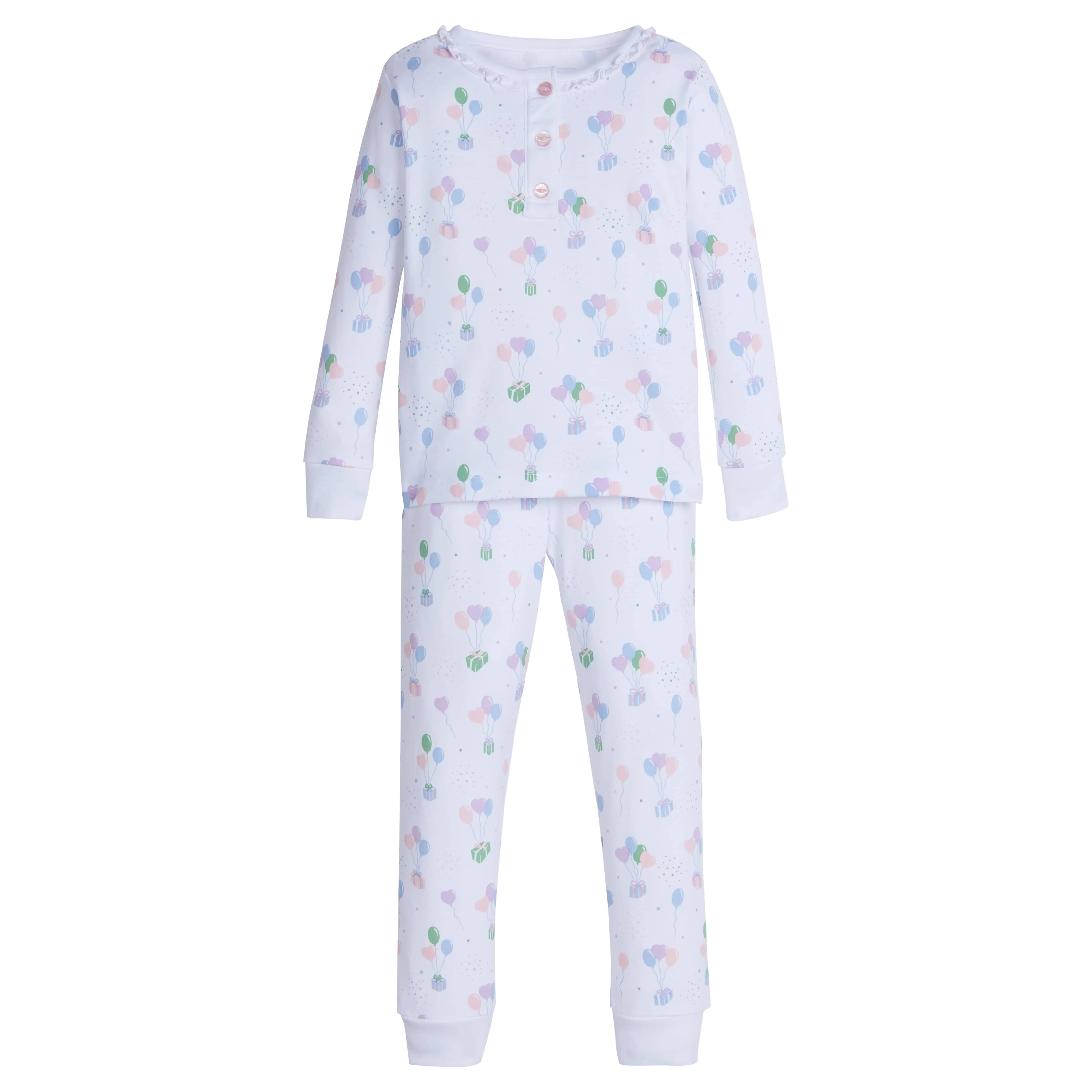 Girls Ruffled Printed Jammies in Pink Balloons | Little English