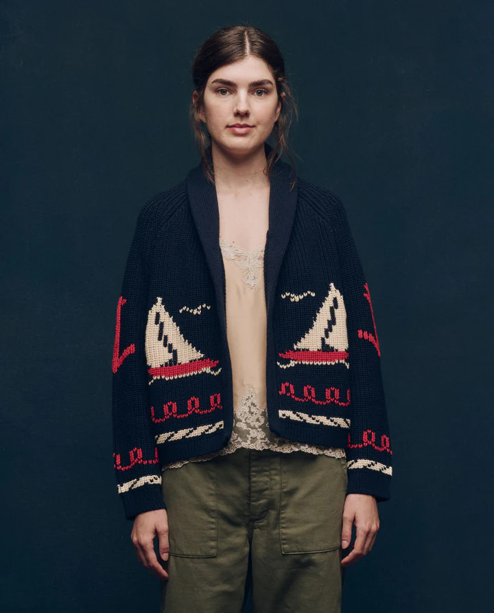 The Sailboat Lodge Cardigan. -- Dark Navy | THE GREAT.