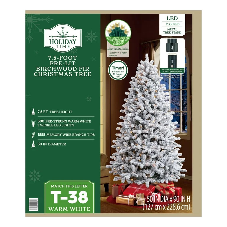 7.5' Pre-Lit Birchwood Fir Green Flocked Artificial Christmas Tree with Warm White Twinkle LED Li... | Walmart (US)