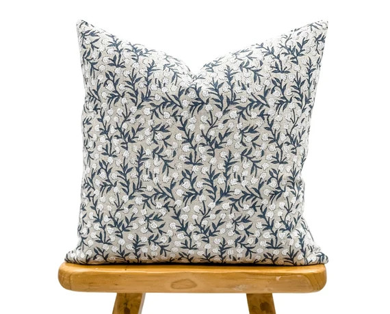 Designer Floral Print on Natural Linen Pillow Cover Indigo | Etsy | Etsy (US)