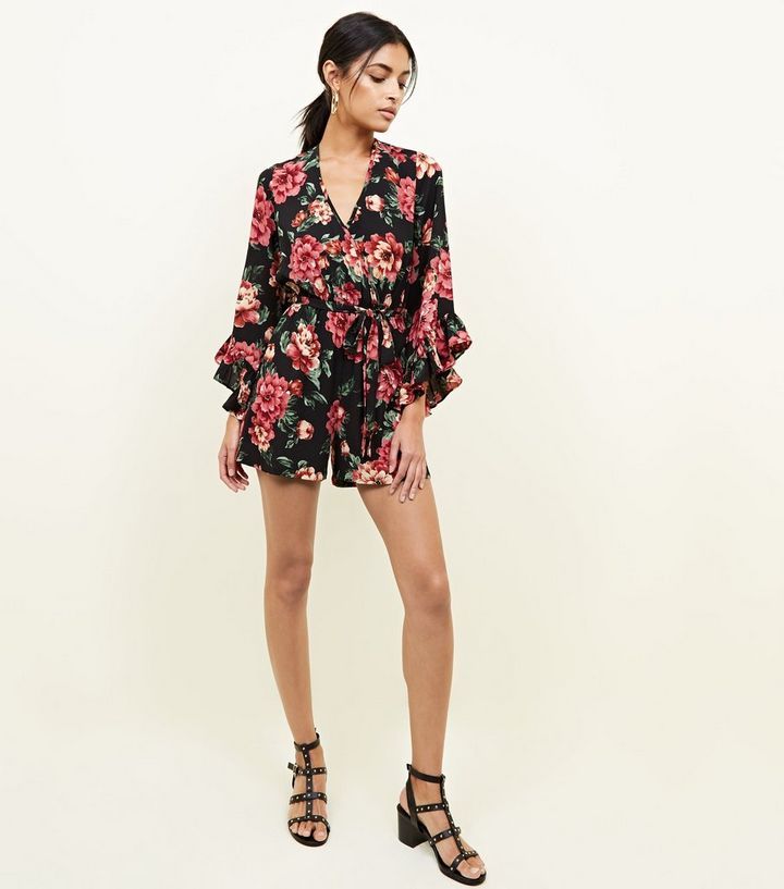 Black Floral Frill Sleeve Playsuit Add to Saved Items Remove from Saved Items | New Look (UK)