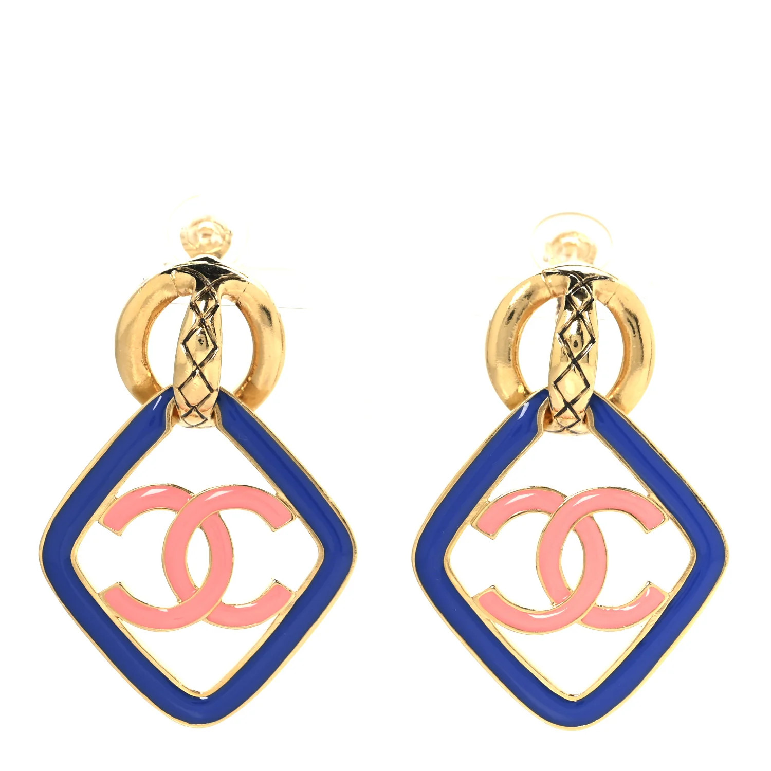 Chanel Metal Enamel Quilted CC Drop Earrings Gold Blue Pink 1854221 | FASHIONPHILE (US)