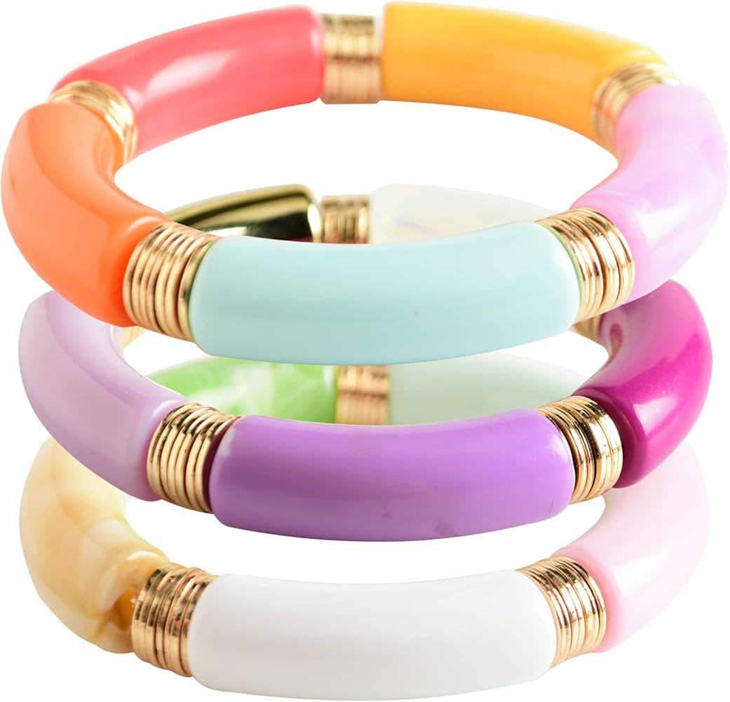 GOOJIDS Simple Beaded Gold Bangles Bracelet Chunky Bamboo Tube Curved Stacking Clear Acrylic Colo... | Amazon (US)