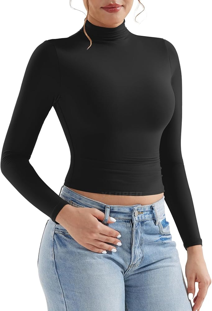 YEOREO Long Sleeve Workout Crop Mock Thermal Turtle Neck Double Lined Base Tops Shirts Women Sari... | Amazon (US)