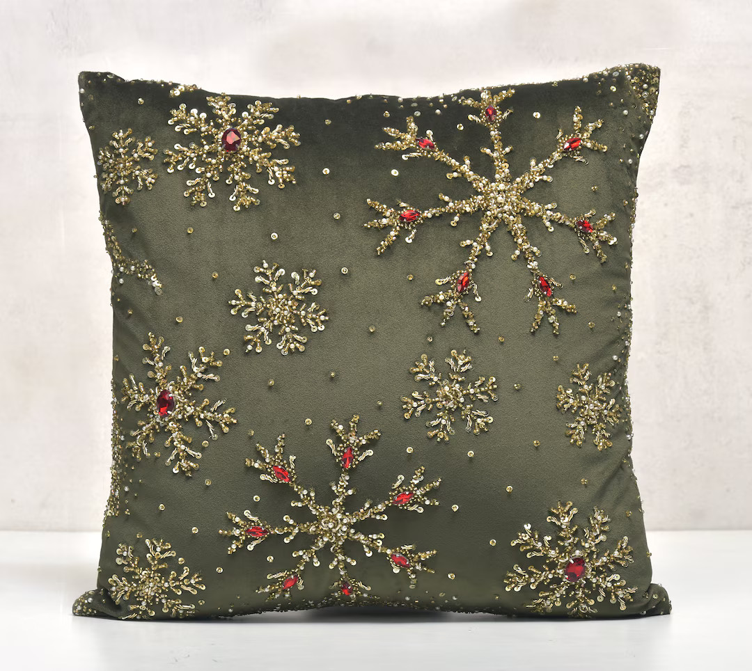 Embroidered Christmas Pillow Cover: Green Velvet with Gold & Red Rhinestone Snowflakes | BMCC386 | Etsy (US)