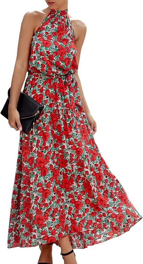 ECOWISH Women Dress Halter Neck Boho Floral Print Sleeveless Casual Backless Maxi Dresses with Be... | Amazon (US)