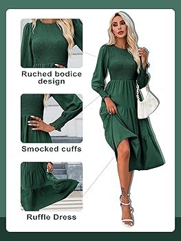 PRETTYFATE Midi Dress for Women Long Sleeve Crewneck Casual Dress Flowy Ruffle Tiered Dresses | Amazon (US)