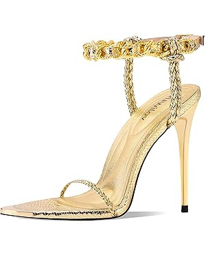 Gold Strappy Stiletto Heels for Women Metallic Ankle Strap Open Toe High Heel Sandals Elegant Dre... | Amazon (US)