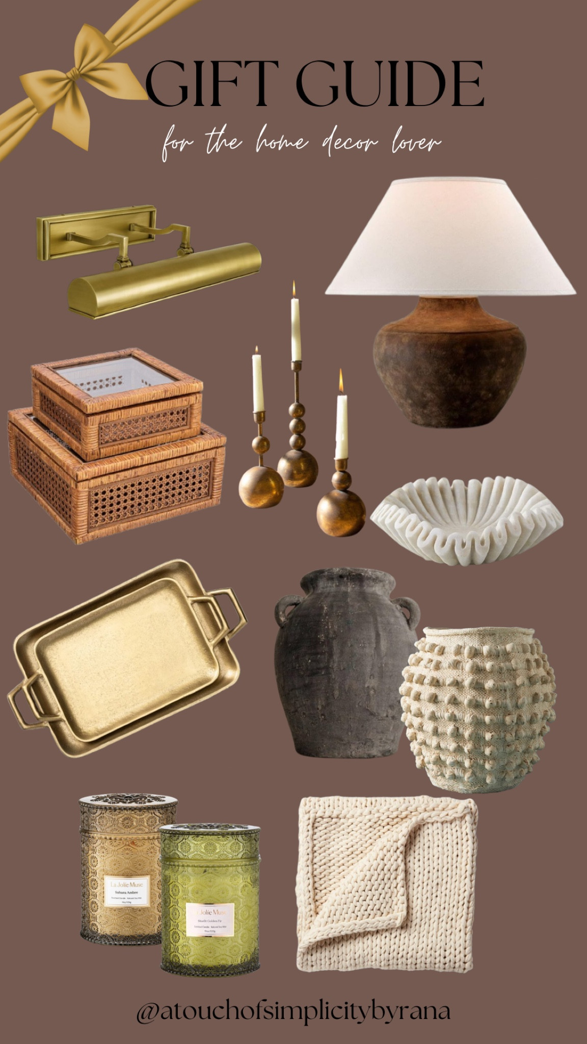 Gift ideas for the home decor lover in your life! 

Lighting / decorative boxes / Vases / chunky knit blanket / candles / candleholders / organic modern 


#LTKHoliday #LTKHome #LTKGiftGuide