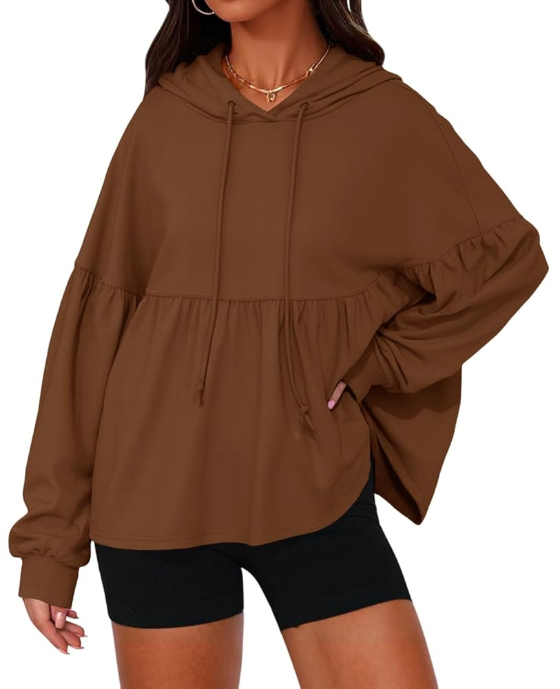 Fisoew Womens Oversized Hoodies Sweatshirts Casual Lantern Long Sleeve Drawstring Peplum Hem Loos... | Amazon (US)