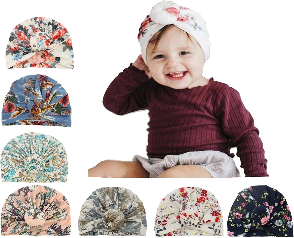 Baby Turbans Newborn Girl Headwraps Baby Girl Beanie Hat with Bow Hospital Nursery Hat | Amazon (US)