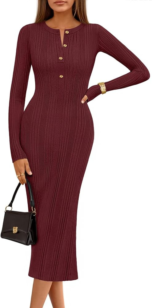MEROKEETY Women's Long Sleeve Bodycon Sweater Dress 2025 Fall Button Crew Neck Ribbed Knit Midi M... | Amazon (US)