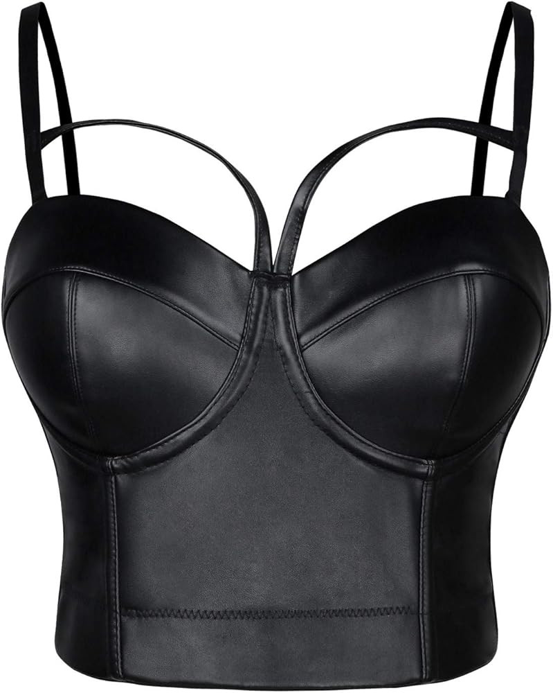 Charmian Women's Spaghetti Straps PU Leather Bustier Crop Top | Amazon (US)