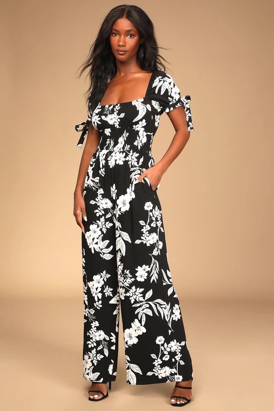Night and Day Black Floral Print Short Sleeve Wide Leg Jumpsuit | Lulus (US)