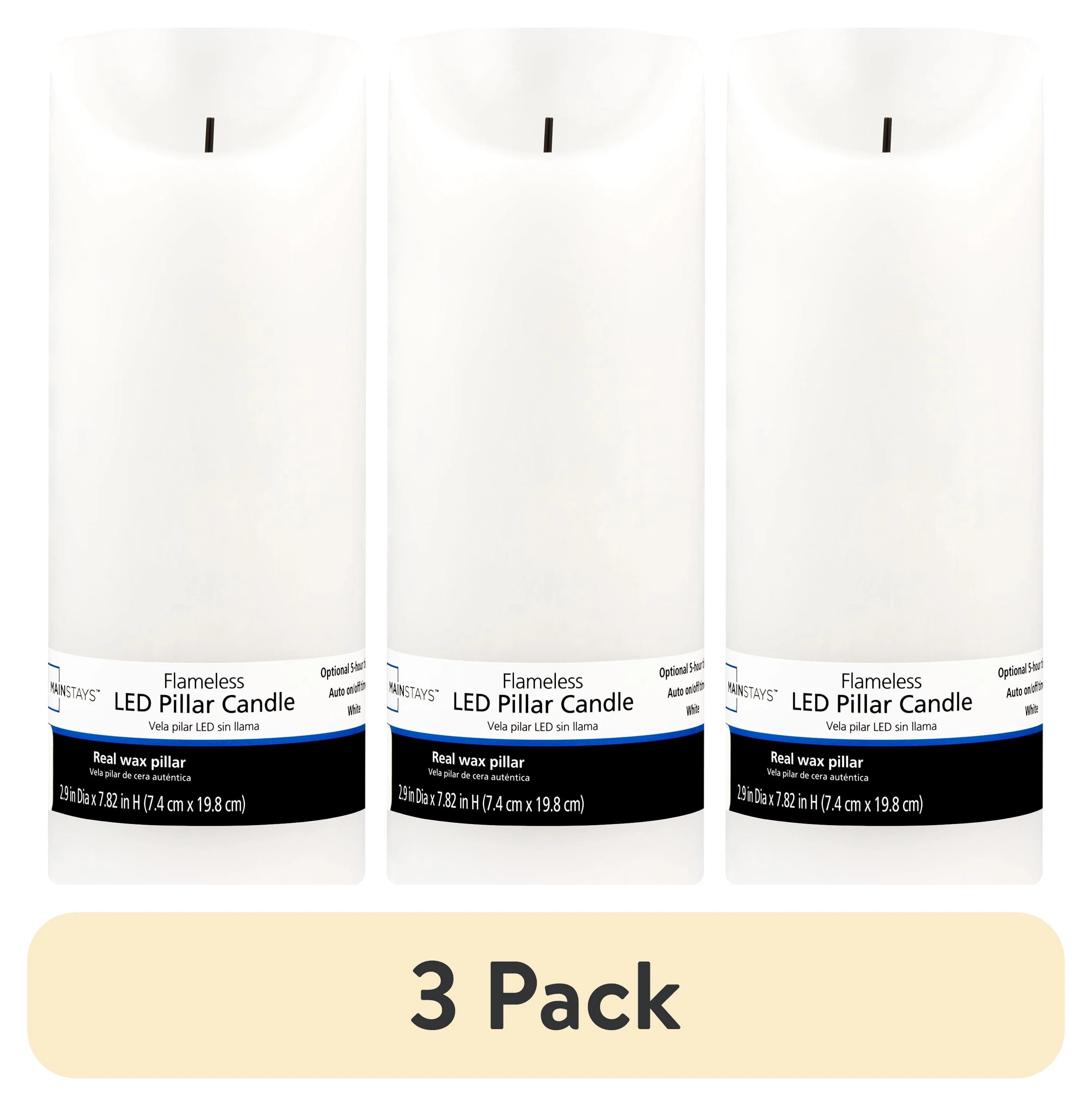 (3 pack) Mainstays Unscented Flameless LED Pillar Candle, White, 3 x 8 in | Walmart (US)