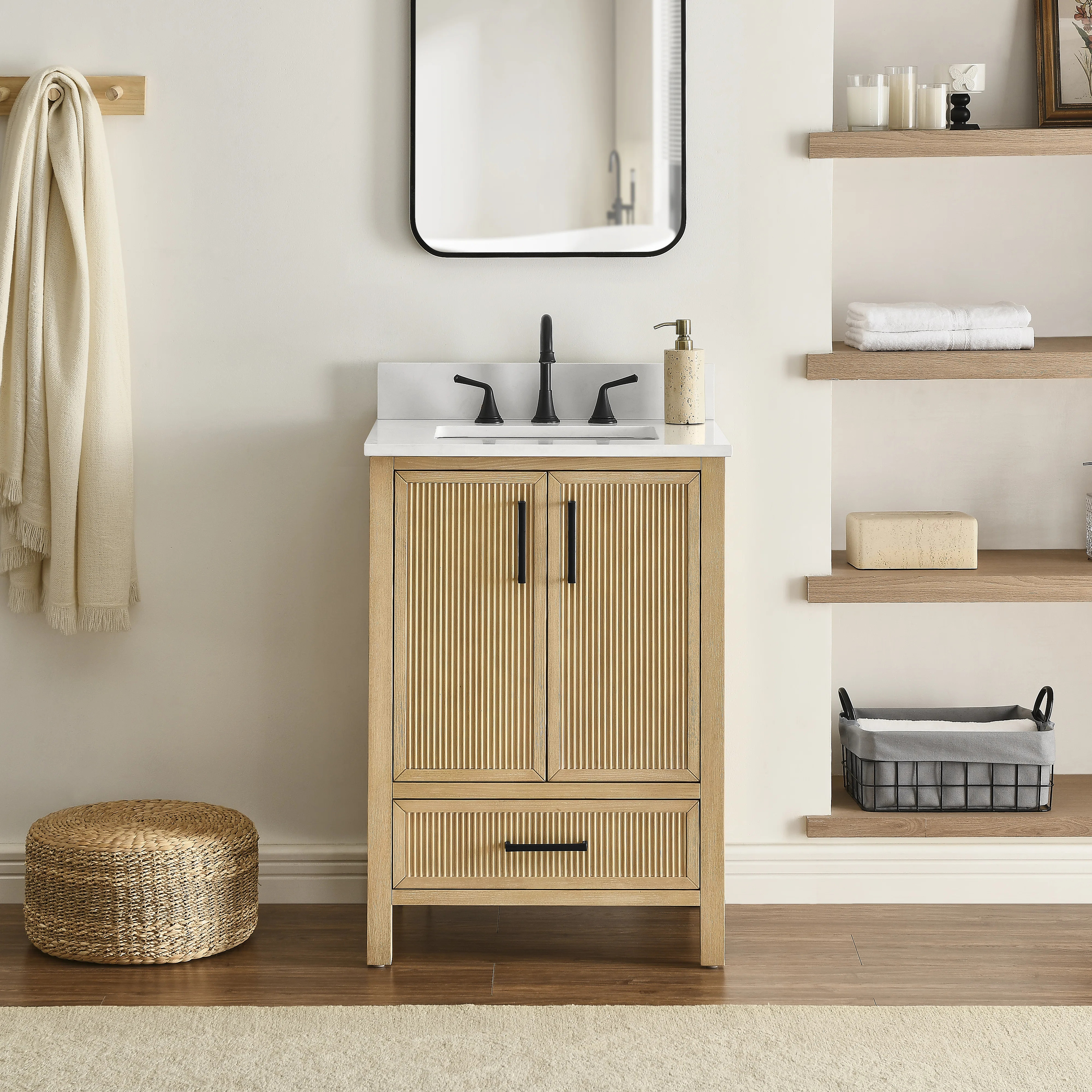Lineberger 24'' Bathroom Vanity In Fluted Baltic Birch Finish With Carrara White Engineer Stone C... | Wayfair North America