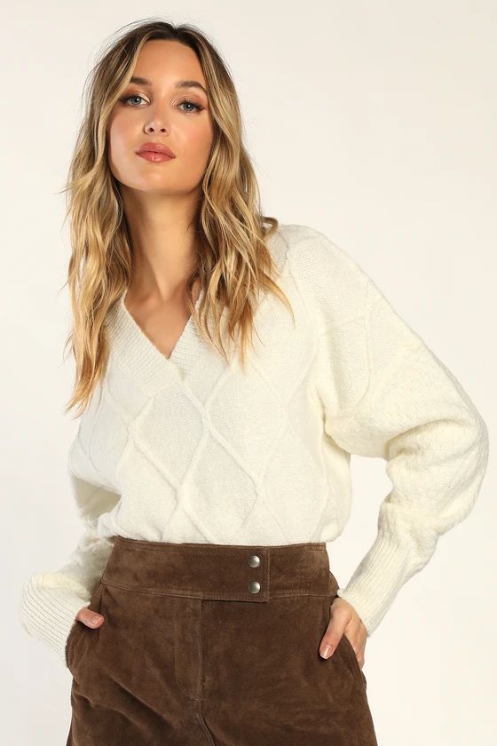 Fireside Vibe Ivory Diamond Knit Sweater | Lulus (US)