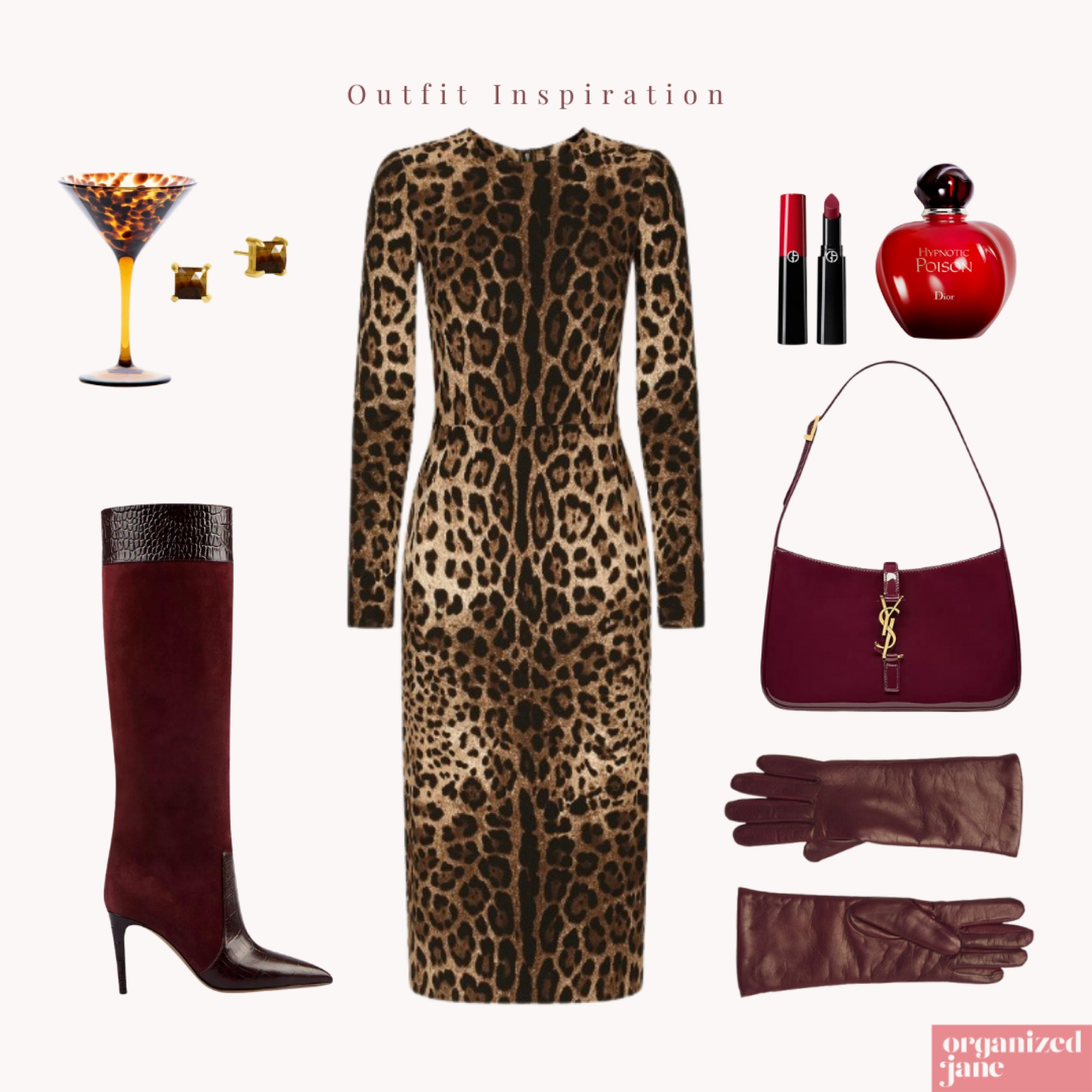 Unleash your wild side with this striking leopard print outfit! 🐆 Paired with deep burgundy accessories, this look exudes bold elegance. Perfect for an evening of intrigue, pair it with a seductive fragrance and a rich, red lip. ✨🍸 #LeopardPrint #BoldFashion #OutfitInspiration #OrganizedJane