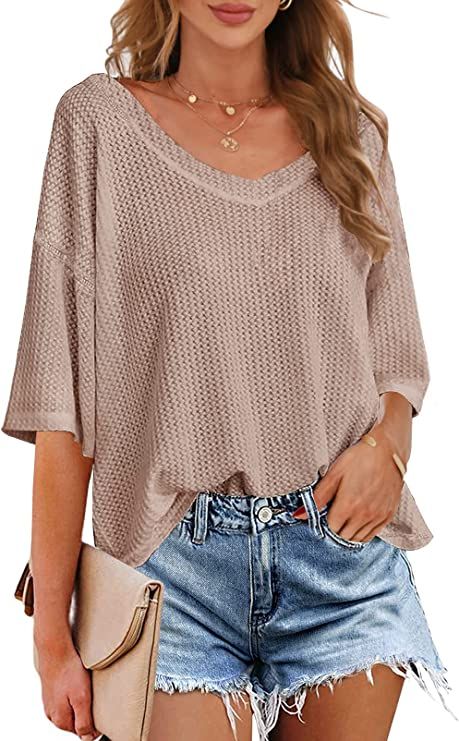 MEROKEETY Women's V Neck Batwing Half Sleeve Shirts Waffle Knit Loose Blouse Solid Color Tops | Amazon (US)