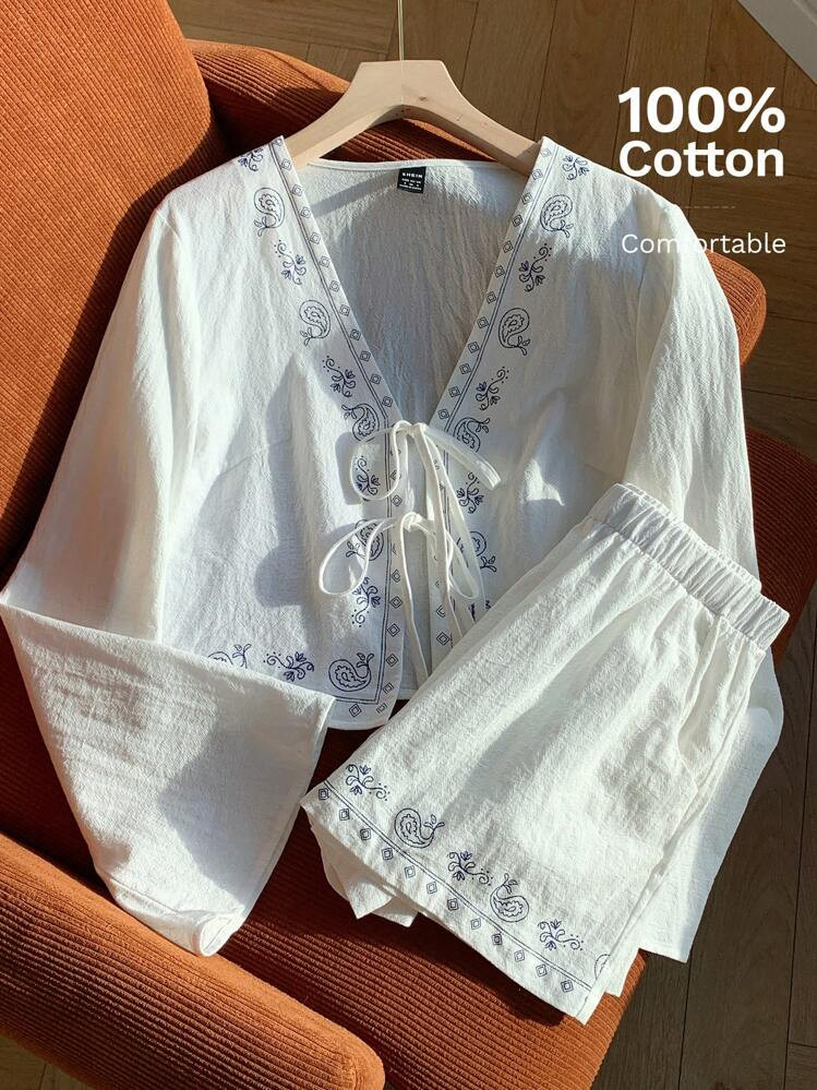 Comfortcana Women's Fall Bohemian Cashew Print Tie Front Blouse And Shorts Set | SHEIN