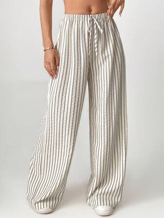 SHEIN Tall Loose Striped Wide-Leg Pants With Front Tie, Casual Wear | SHEIN