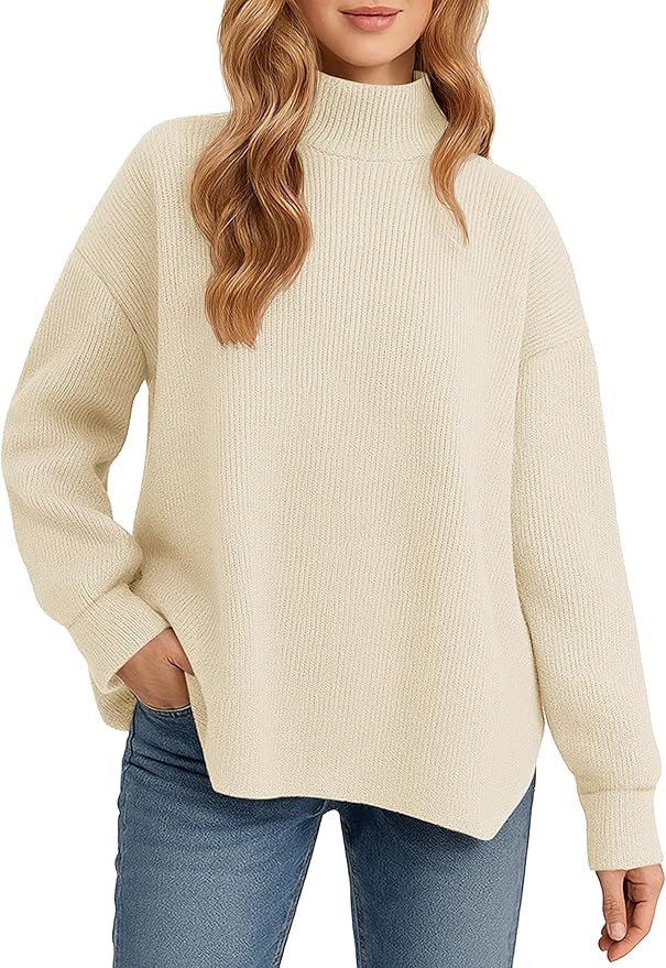YUCOLEN Women's Oversized Sweaters Turtleneck 2026 Fall Outfits Trendy Drop Shoulder Knit Side Sl... | Amazon (US)