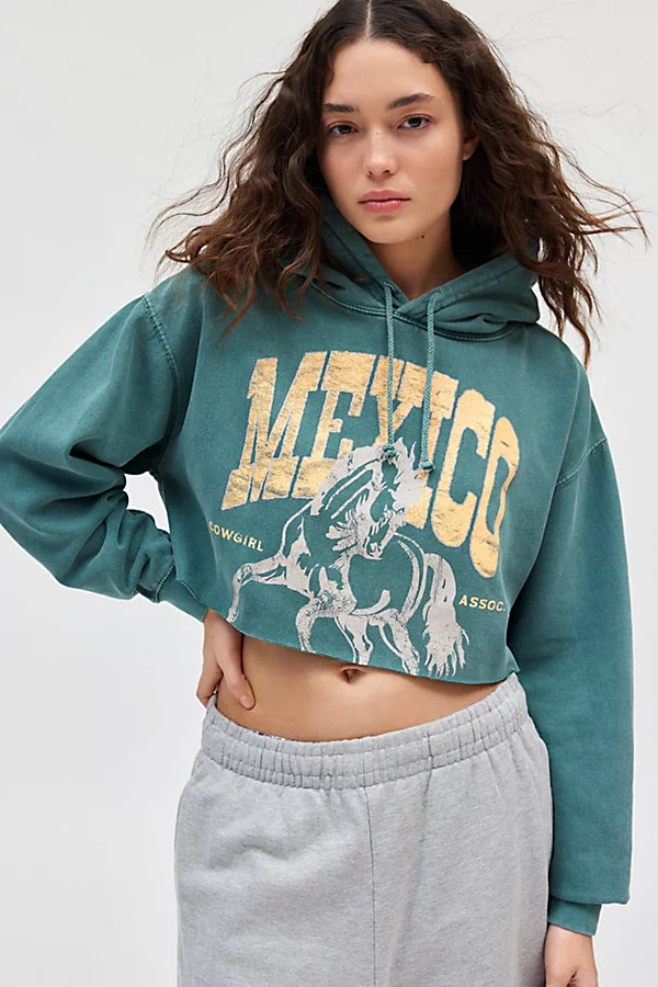 Mexico Cowgirl Graphic Cropped Hoodie Pullover in Dark Green, Women's at Urban Outfitters | Urban Outfitters (US and RoW)