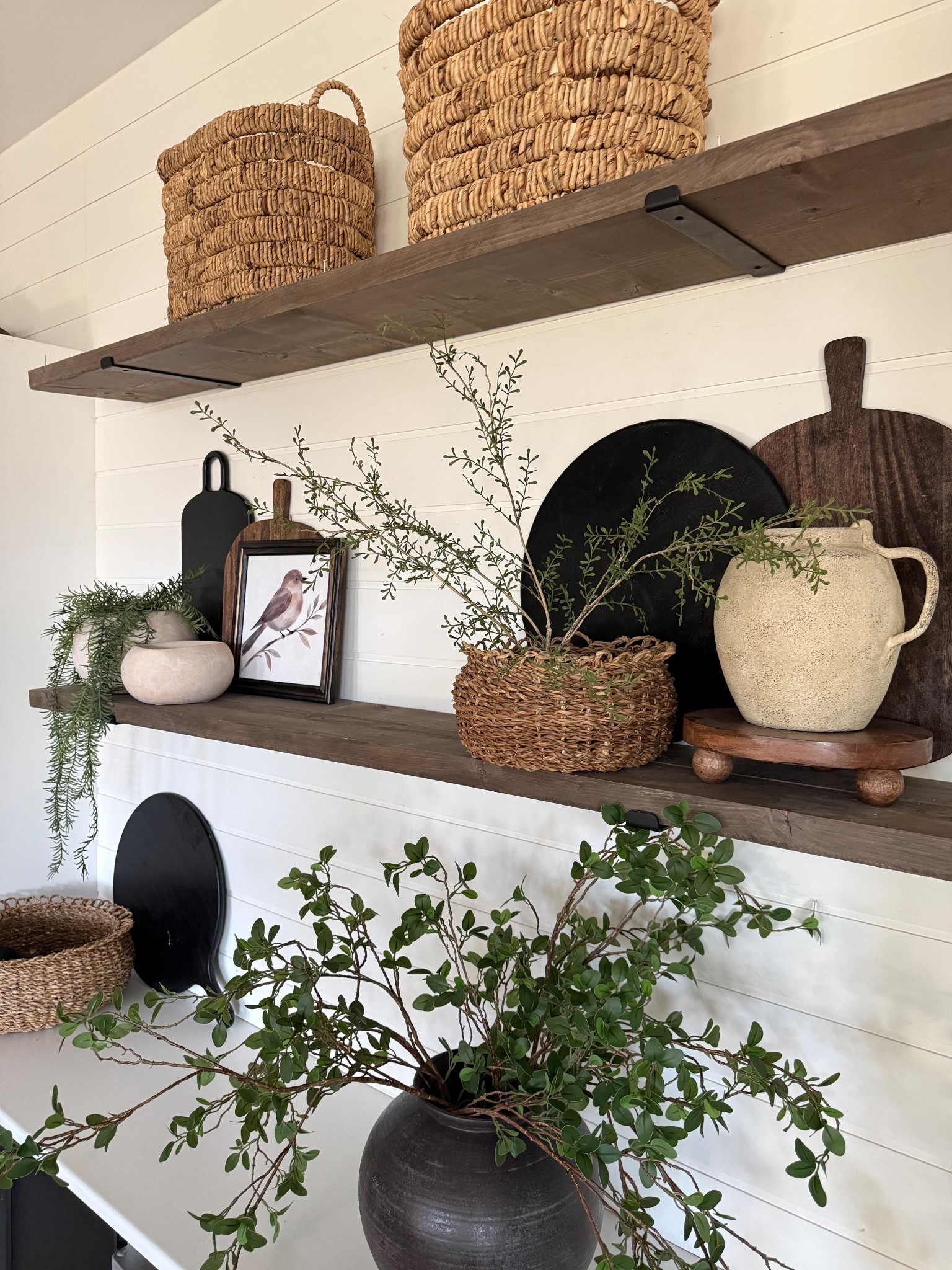 Shelf styling for Spring.. basic neutrals, light and airy greenery 🤍🤍