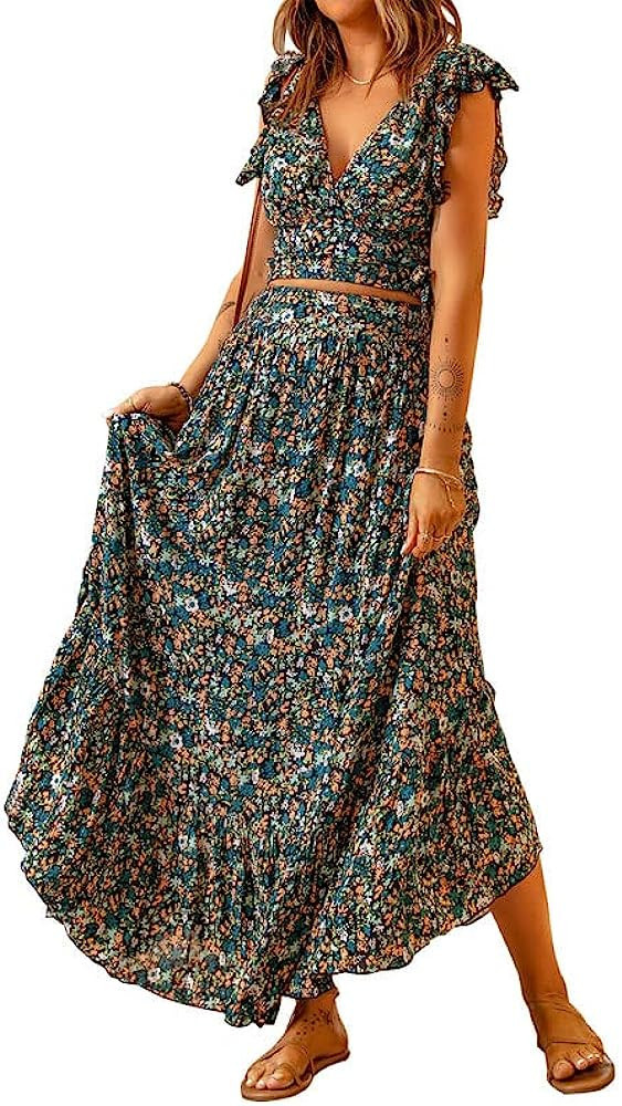 Dokotoo Women's Boho Dress Deep V Neck Blue Floral Dress Green Floral Dress Floral Maxi Dress Outfit | Amazon (US)