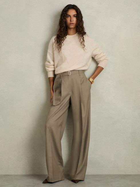 Wool Belted Wide-Leg Trousers in Neutral | Reiss UK