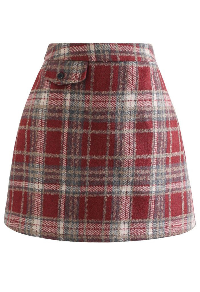 Red Plaid Wool-Blend Mini Bud Skirt | Chicwish