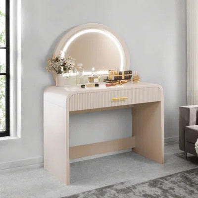 Makeup Vanity Table With Touch Screen Lighted Mirror, Dressing Table With A Drawer And Curved Edges | Wayfair North America