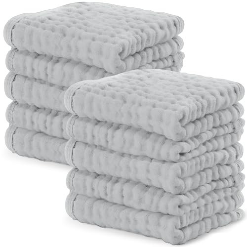 Comfy Cubs Muslin Baby Washcloths 10 Pack - Soft 6-Layer Cotton Wash Cloths for Sensitive Skin - 10"x10" Large, Gentle, Absorbent Infant Essentials for Newborn and Toddlers - Heather Blue | Amazon (US)