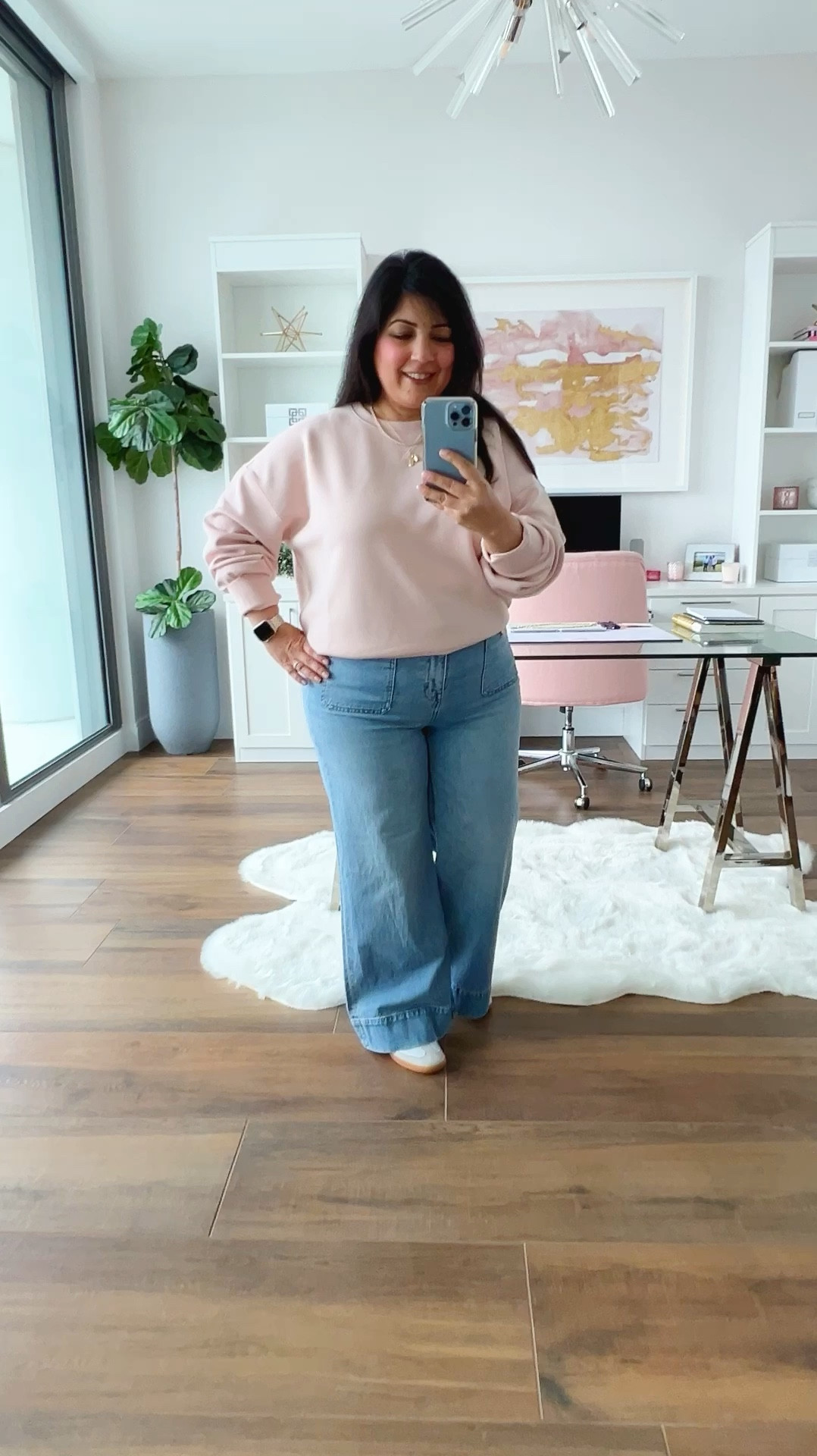 LTK Fall Sale! 25% off sitewide at J. Crew with exclusive in-app promo code. Copy the promo code below and paste at checkout to receive discount. Love these high rise sailor denim trousers that are available in regular, petite and tall sizes. Wearing them here in size 32 petite. Spanx crew neck air essentials sweatshirt size XL for oversized fit. Adidas Samba sneakers.

#LTKMidsize #LTKFallSale #LTKVideo