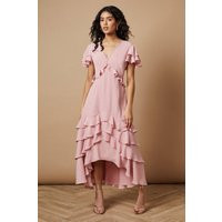 Womens Petite Plain Ruffle Tiered Lace Midi Dress - Pink - 6 | boohoo (US & Canada)