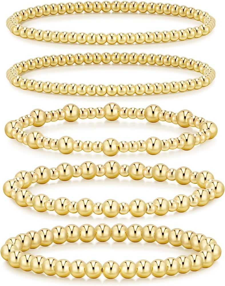 adoyi Gold Bracelets for Women, 14K Gold Plated Beaded Bracelets Strand Gold Stretch Bead Ball Br... | Amazon (US)