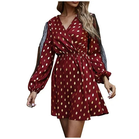TZNBGO Women s Winter V Neck Printed Long Sleeve Girdling Casual Trendy Dresses Red Wrap Dresses For | Walmart (US)