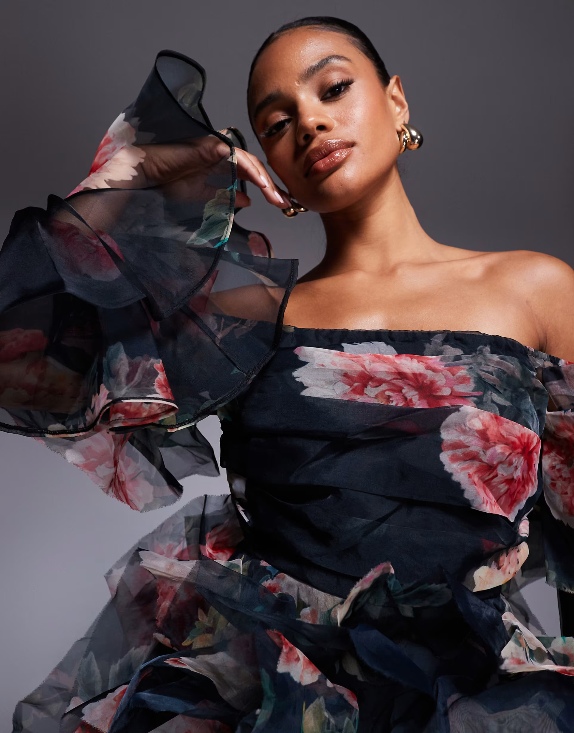 ASOS LUXE organza bardot mini dress in floral print | ASOS (Global)