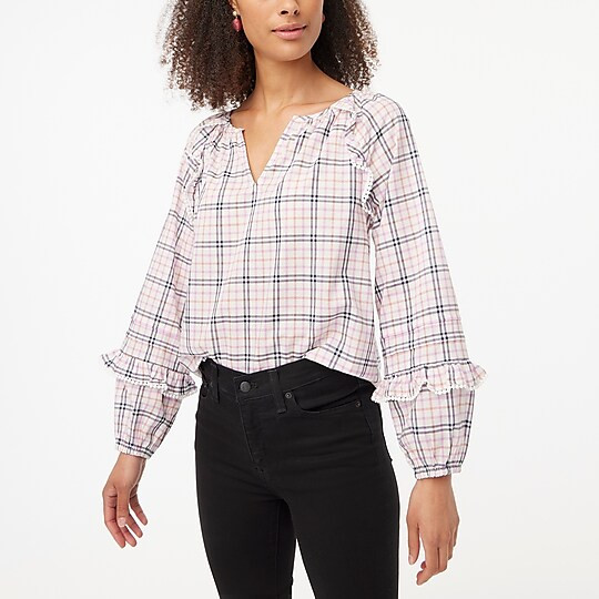 Petite plaid ruffle-trim peasant top | J.Crew Factory