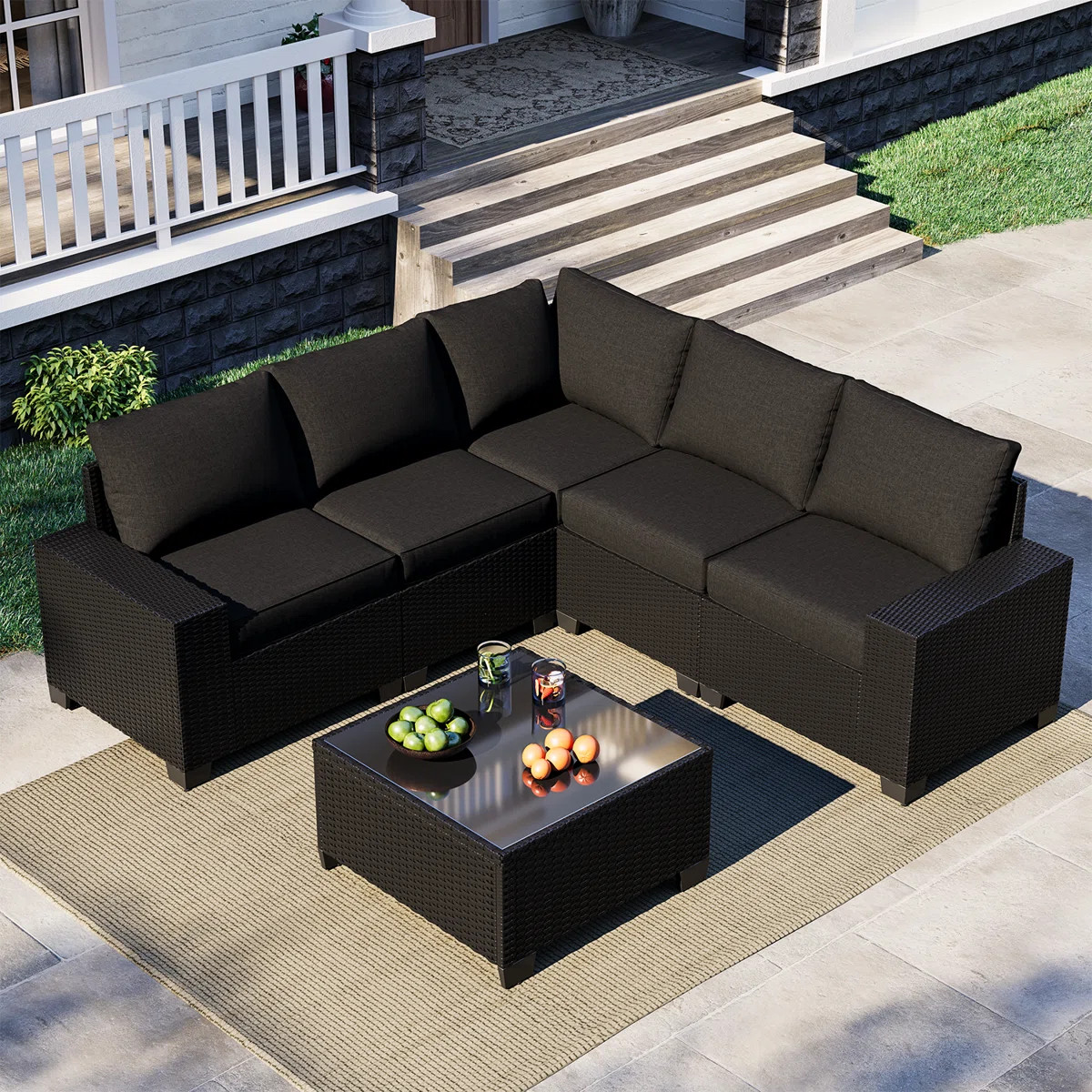 6 Pieces Outdoor Patio Furniture Set, With Cushions And Glass Coffee Table, Pe Rattan Outdoor Wic... | Wayfair North America