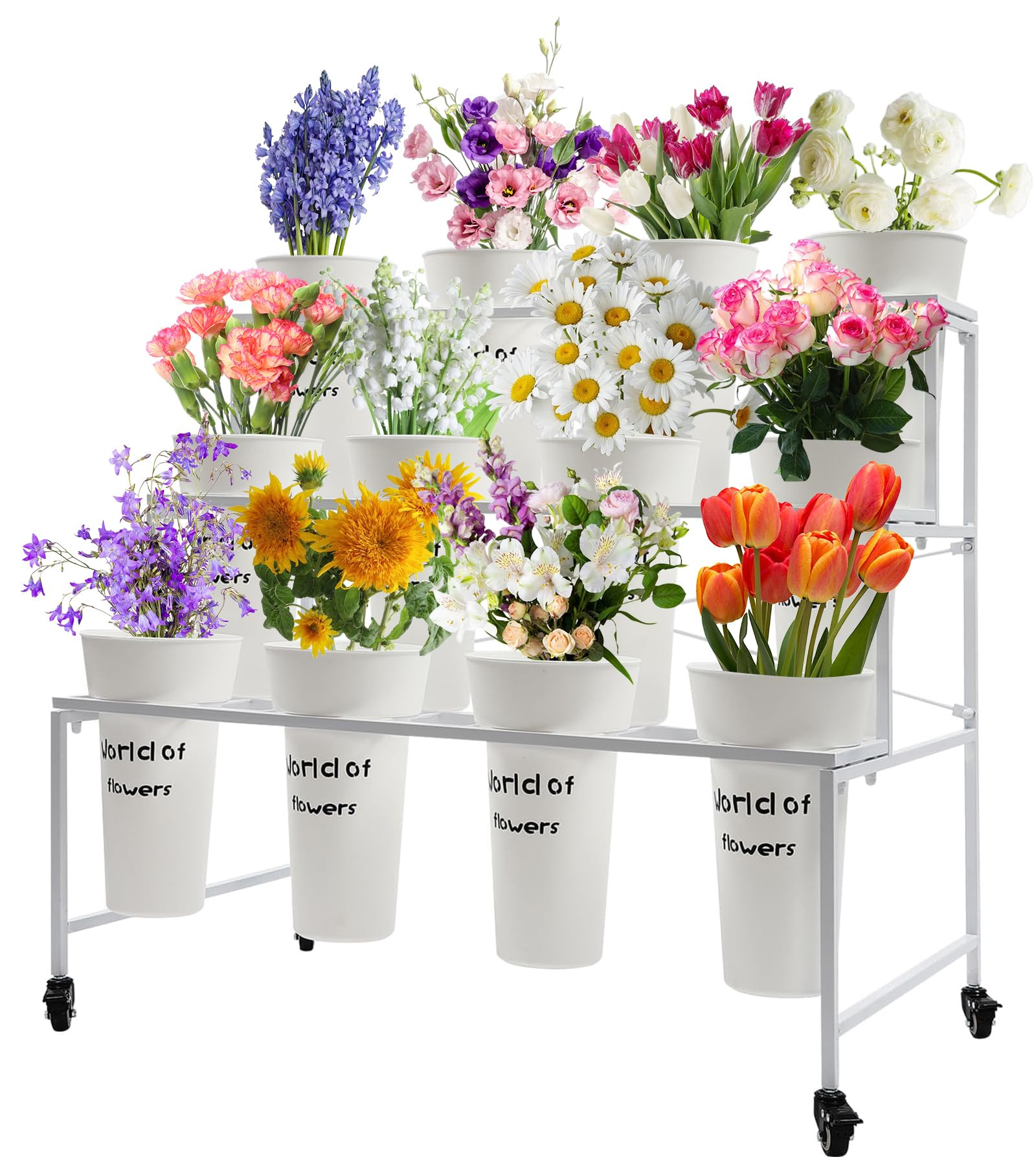 3-Tier Metal Flower Display Stand with 12 Buckets - Heavy Duty Rolling Plant Cart Shelf, Sturdy M... | Amazon (US)