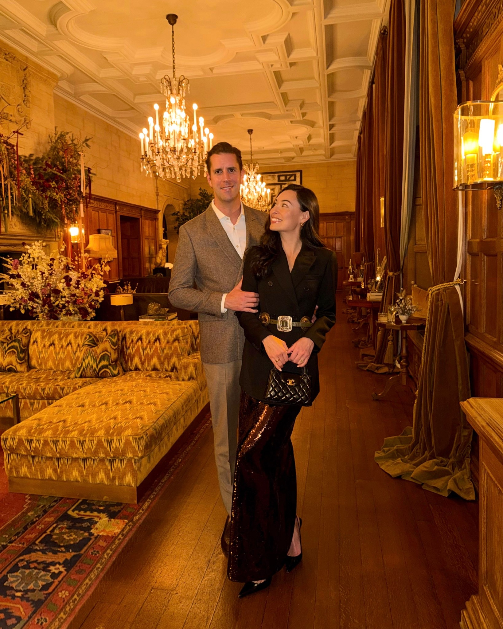 Thomas Jamieson men’s style, Kat Jamieson style, holiday outfit, sequin dress, black blazer, Ralph Lauren western belt, Estelle Manor outfit, couple style, Christmas outfit. 

#LTKHoliday #LTKootd #LTKGiftGuide