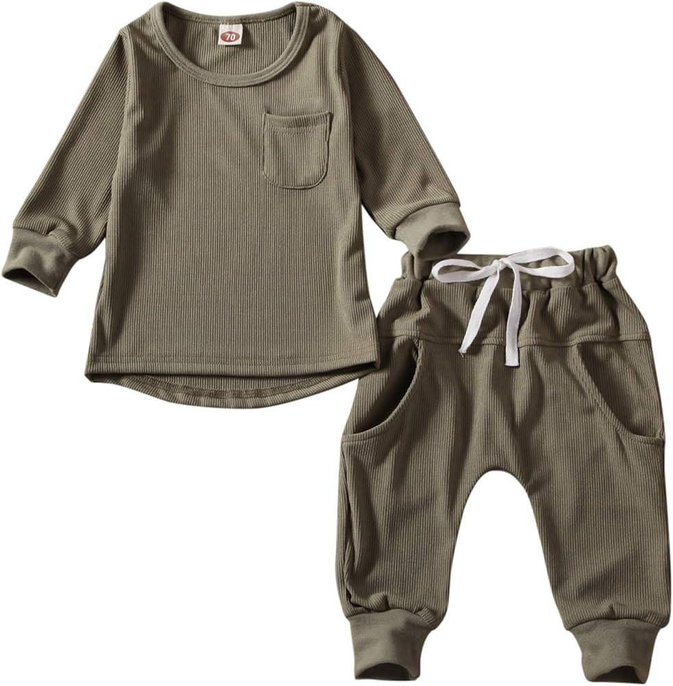 Toddler Kids Baby Boy Knit Ribbed Clothes Set Long Sleeve Tops T-Shirt Drawstring Pants Leggings Out | Amazon (US)