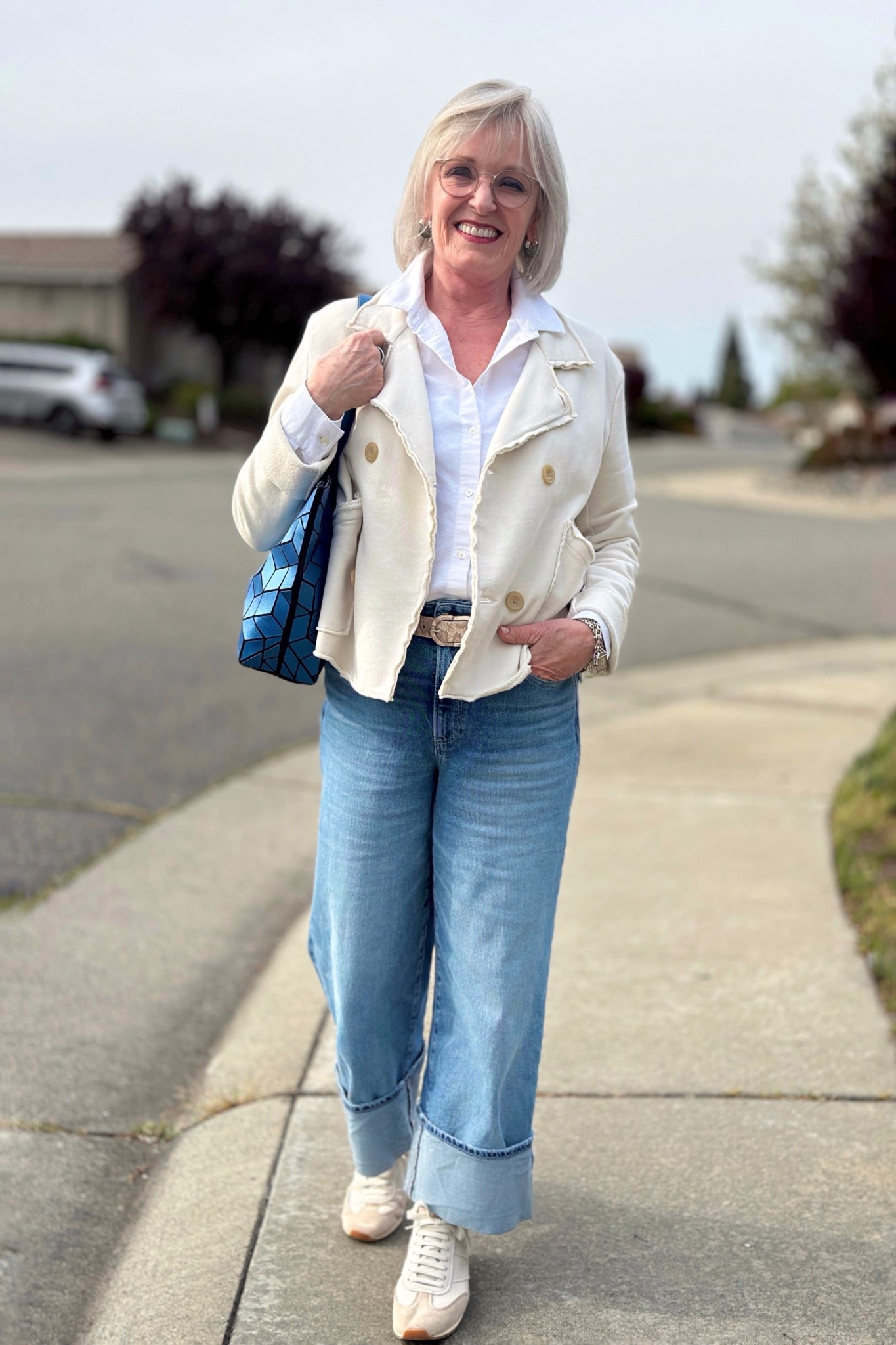  Wide cuff jeans, crisp white shirt, fleece peacoat, sport sneakers. 
Casual spring outfit. Spring fashion
Style over 50 LTKover50

#LTKShoeCrush #LTKOver40 #LTKPetite