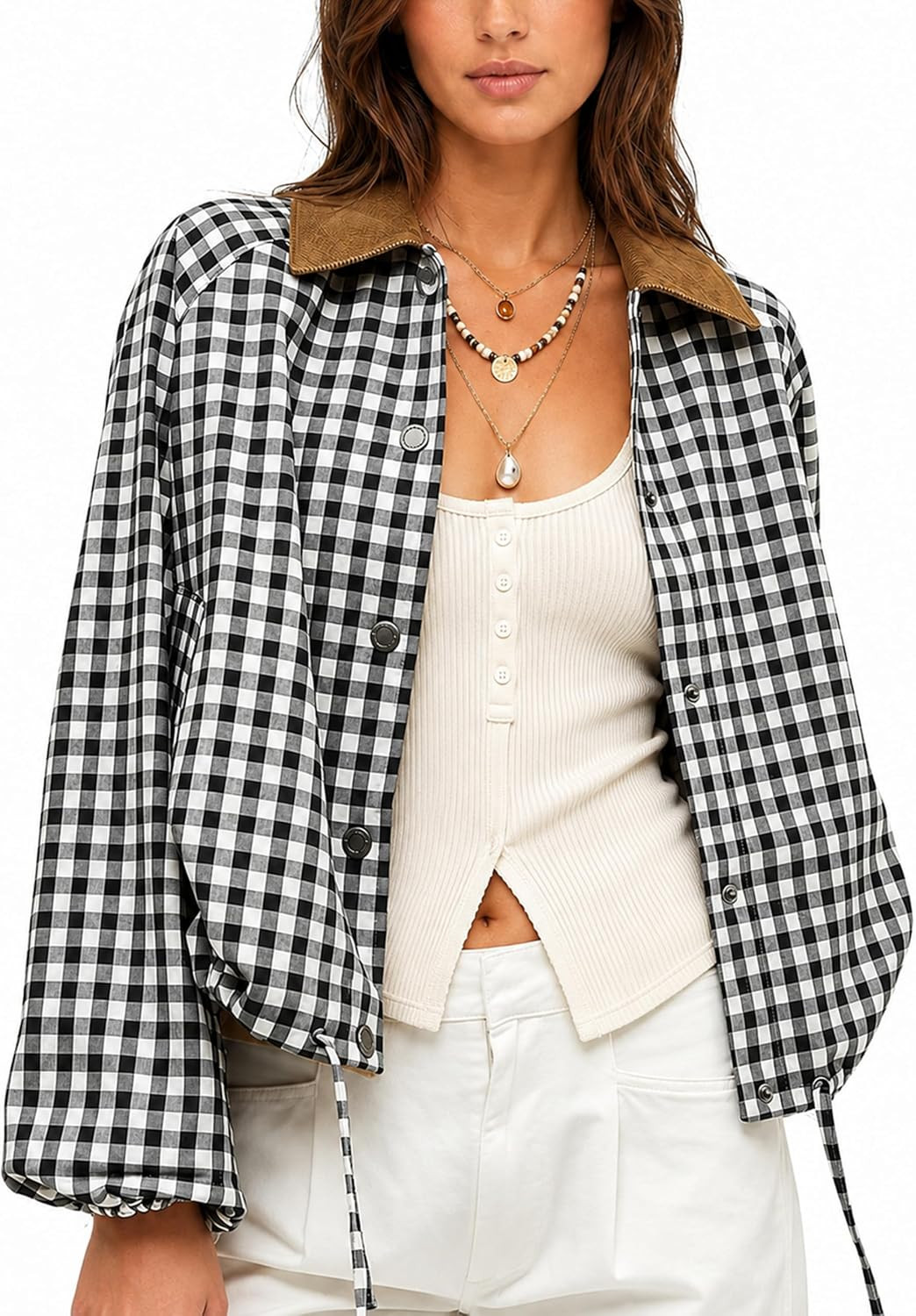 Womens Gingham Cropped Jacket Casual Plaid Bomber Jacket | Amazon (US)