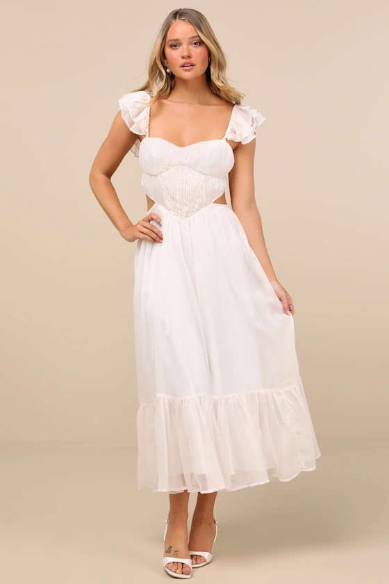 Mio Ivory Pleated Tie-Back Midi Dress | Lulus