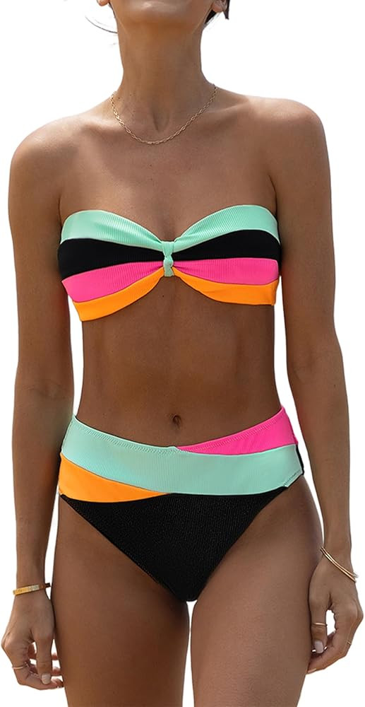 popvil Women's V Neck High Waisted Swimsuit Tie Back Bikini Sets Color Block Bathing Suit | Amazon (US)